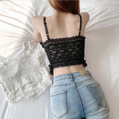 1PC Women's Camisole Summer French Lace Floral Ruffle No Steel Ring With Chest Pad Girl Bottoming Shirt Tank Top