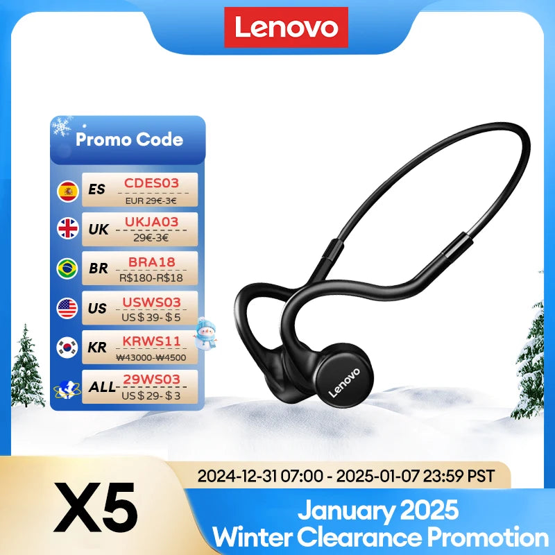 Lenovo X5 Bone Conduction Earphones Bluetooth V5.0 Wireless Headphones IPX8 Waterproof Sport Built in 8GB Memory Headset