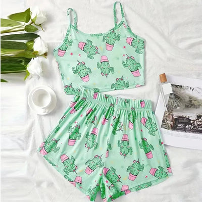 Women's Pajamas Set Sleepwear 2 PCS Short Tank Tops And Shorts S M L Green Ventilate Soft Casual Cactus Print