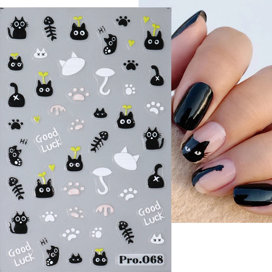 2pcs Black Cat Nail Stickers 3D Cute Cartoon Animal 3D Self-Adhesive Nail Art Decals Sliders Decorations Manicure Accessories