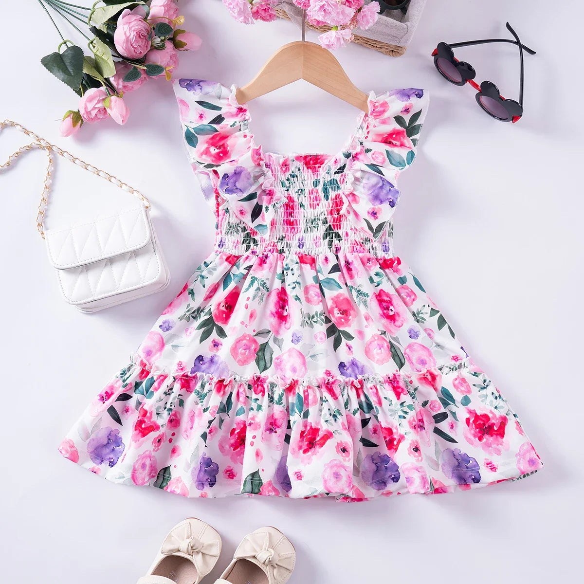 Summer Girl Dress Fashion Versatile Square Collar Girl Princess Dress New Print Sweet and Cute Dress Wholesale