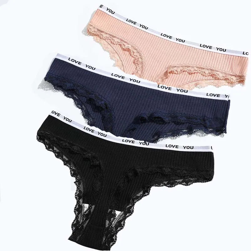 3Pcs/Lot Lace Thong Women's Tanga Low Waist Sexy Lingeries Cotton Panties Laides T Back Pants Girls Underwear Female Underpants