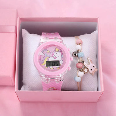 1pcs Jelly Candy Cartoon Unicorn Digital Pointer Quartz Light Girl Watch 1pcs White Rabbit Grass Jewelry Set