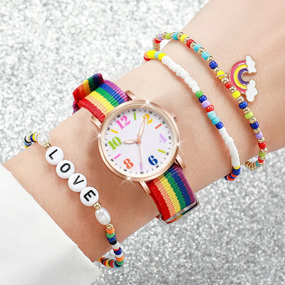 4PCS/Set Women's Watch Casual Nylon Band Analog Quartz Watches Love Beads Bracelets Set