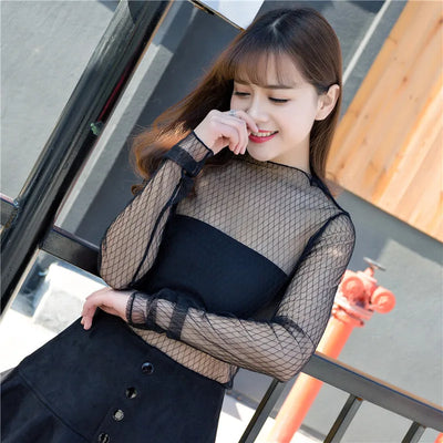 New Transparent See Through Shirt Women Sexy Harajuku Mesh Tops Net Undershirt Star Base Top Camisas Femininas Clubwear SheerTee