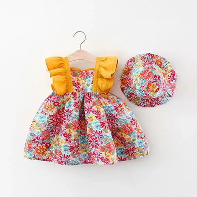 Summer New Girl Baby Strap Dress Fragmented Flower Children's Sleeveless Princess Dress 0-3 Year Old Newborn Comes with Hat