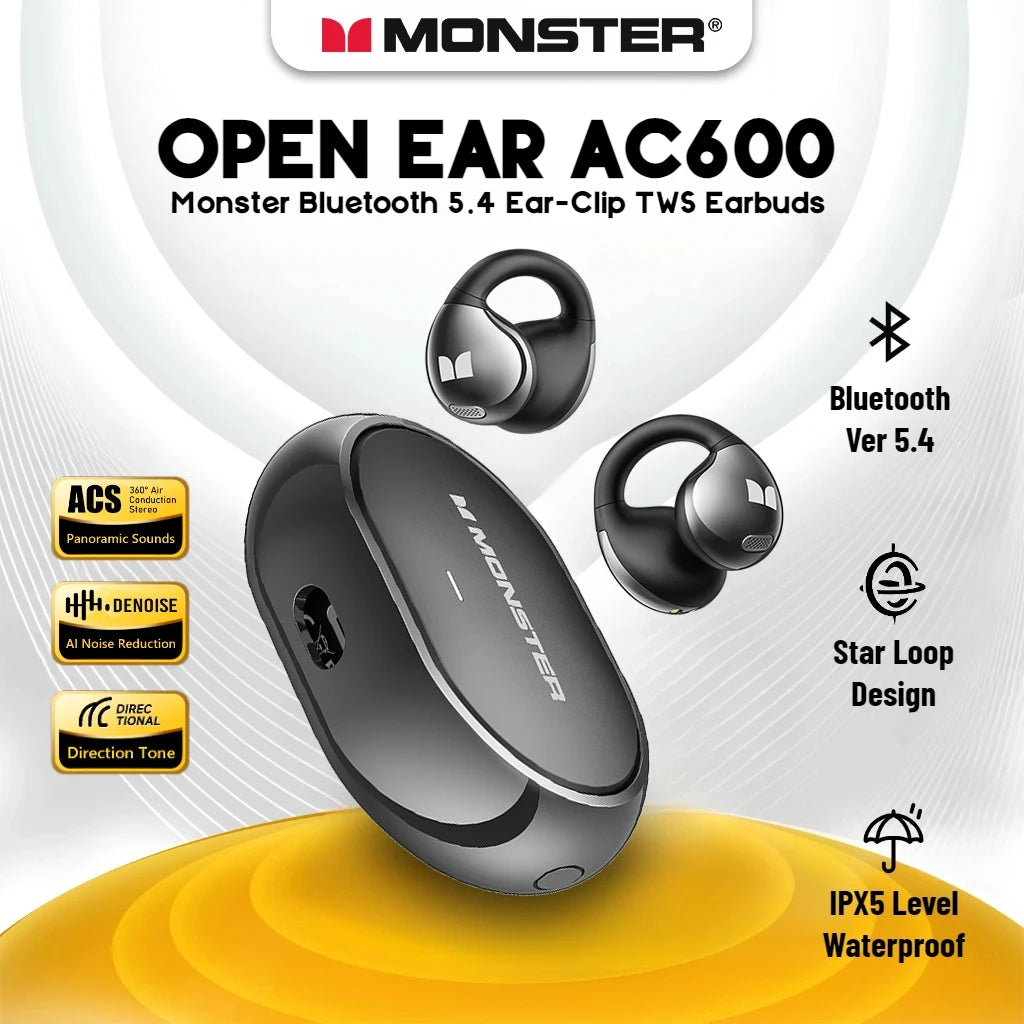 Monster AC600 Earclip Design Wireless Bluetooth V5.4 Earphone Noise Reduction HD Calls Earbuds IP5X Waterproof Sport Headphones