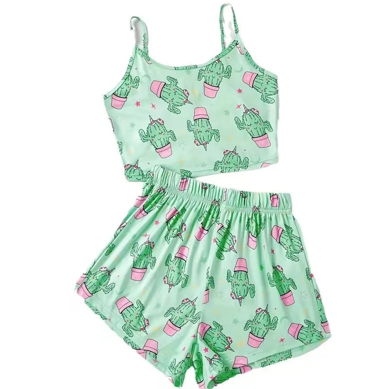 Women's Pajamas Set Sleepwear 2 PCS Short Tank Tops And Shorts S M L Green Ventilate Soft Casual Cactus Print