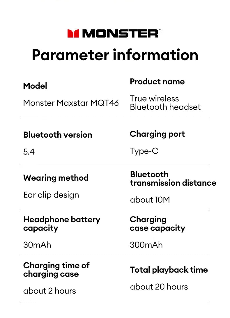 New Monster MQT46 Wireless Bluetooth V5.4 Earphones 25H Long Battery Life Gaming Earbuds Waterproof Denoise Clear Calls Headset