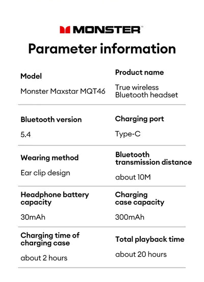 New Monster MQT46 Wireless Bluetooth V5.4 Earphones 25H Long Battery Life Gaming Earbuds Waterproof Denoise Clear Calls Headset