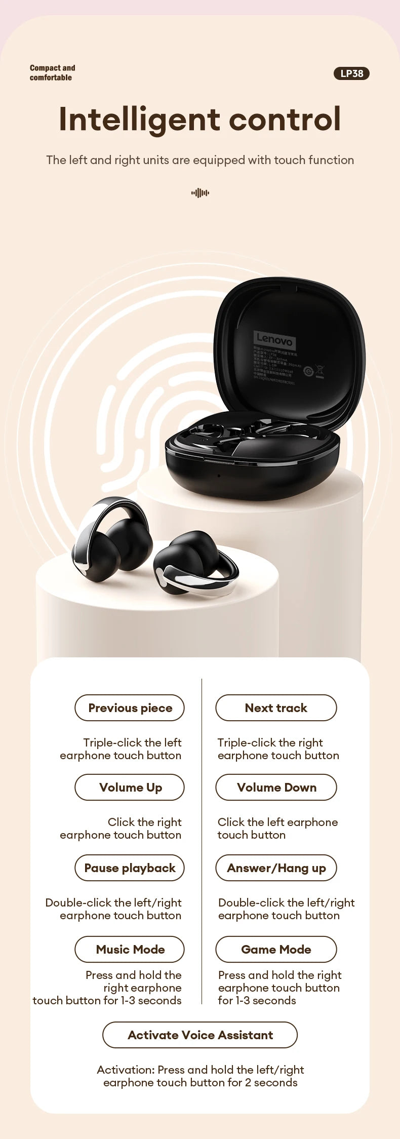 Original Lenovo LP38 TWS Wireless Bluetooth 5.4 Earphones Ear Clip Smart Noise Cancellation Earbuds Game Music Dual Mode Headset