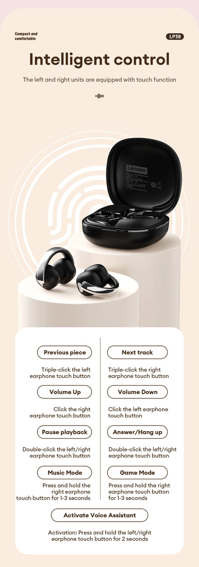 Original Lenovo LP38 TWS Wireless Bluetooth 5.4 Earphones Ear Clip Smart Noise Cancellation Earbuds Game Music Dual Mode Headset