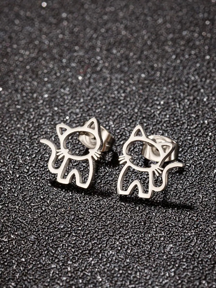 1 Pair Cute Cat Stainless Steel Stud Earrings for Mens Womens Punk Students Gifts Trend Fashion Small Ear Studs Jewelry