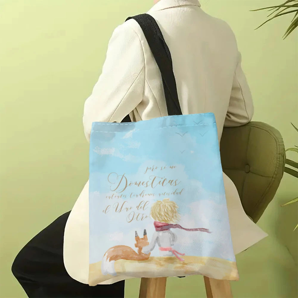 Linen Bag The Little Prince Series Print Canvas Bag Lightweight Shoulder Bag Versatile Shopping Bag Holder Handbag