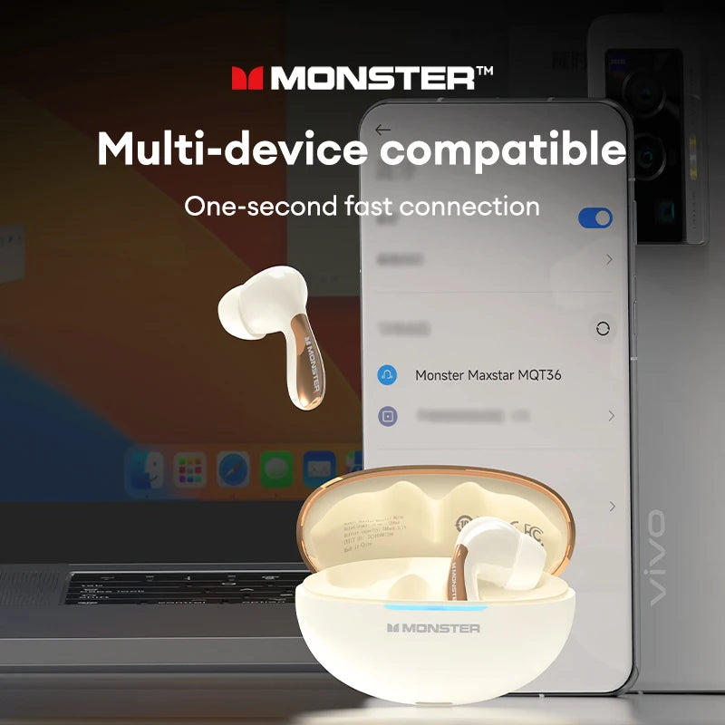 سماعات Monster MQT36 TWS اللاسلكية الجديدة بتقنية البلوتوث V5.4 مع عمر بطارية طويل للغاية وسماعات أذن للألعاب بصوت عالي الدقة وسماعة رياضية مع ميكروفون