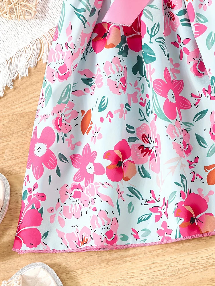 Sweet Girls Splicing Flower Print Flutter Trim Ribbed Belted Dress