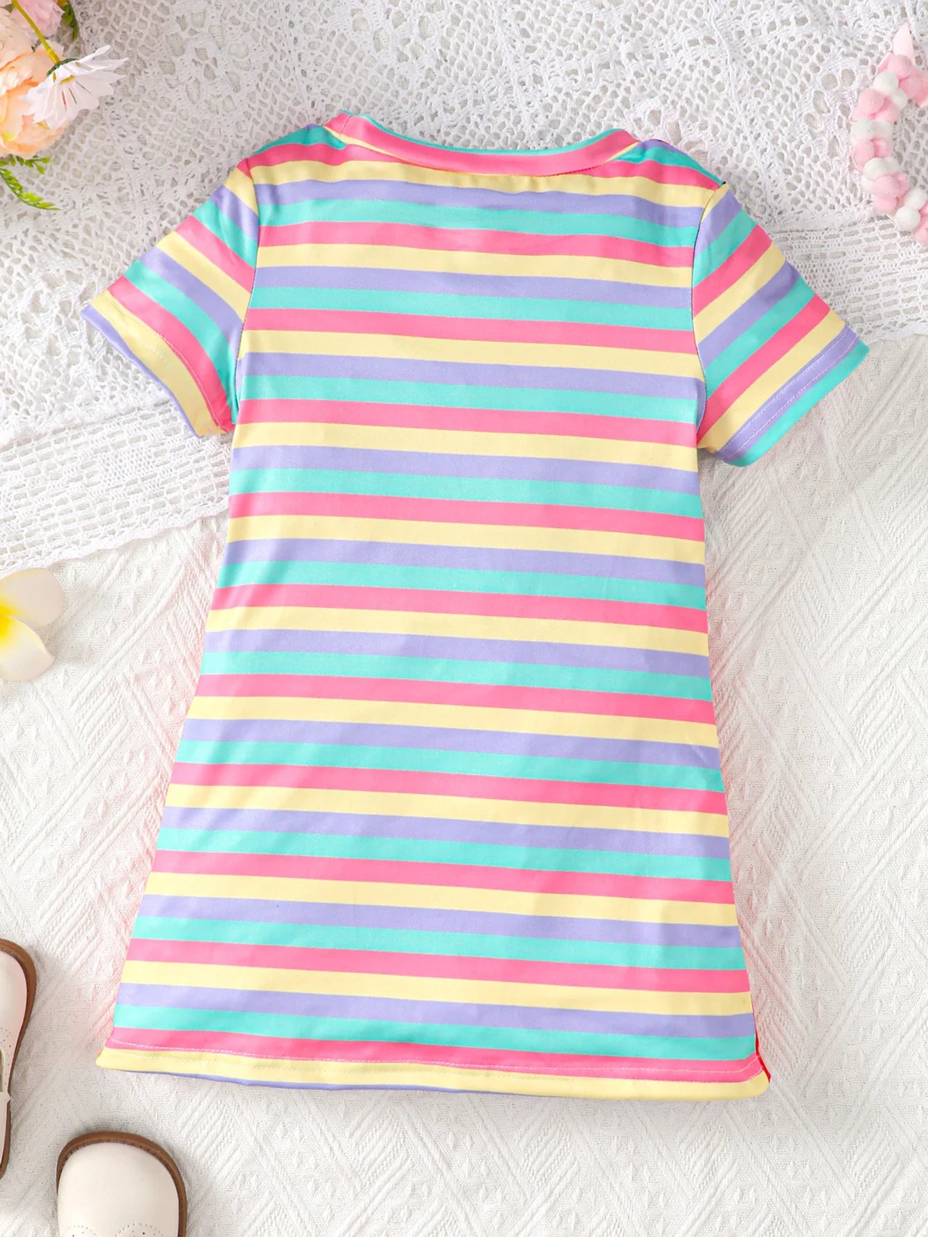 Summer girl's short sleeved round neck unicorn rainbow stripe print cute casual rose red dress