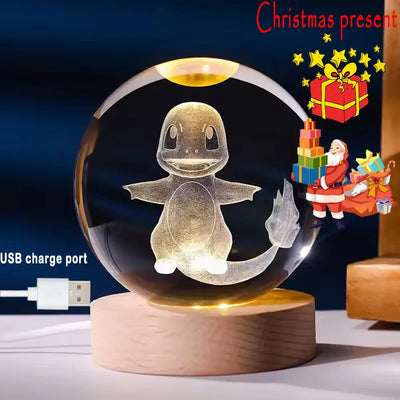 New 6cm 3D Crystal Ball Stitch Pokemon Wooden base with 6cm crystal ball Planet Night Light Laser Carving Christmas gifts