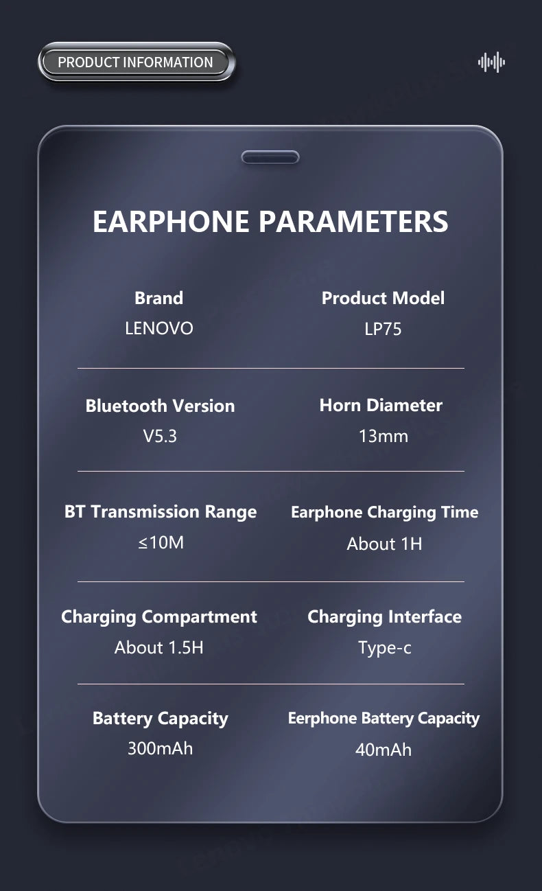 سماعات لينوفو LP75 TWS Bluetooth V5.3 الأصلية الجديدة 2/3/5 قطع، سماعات رأس لاسلكية LED رقمية مقاومة للماء IPX5