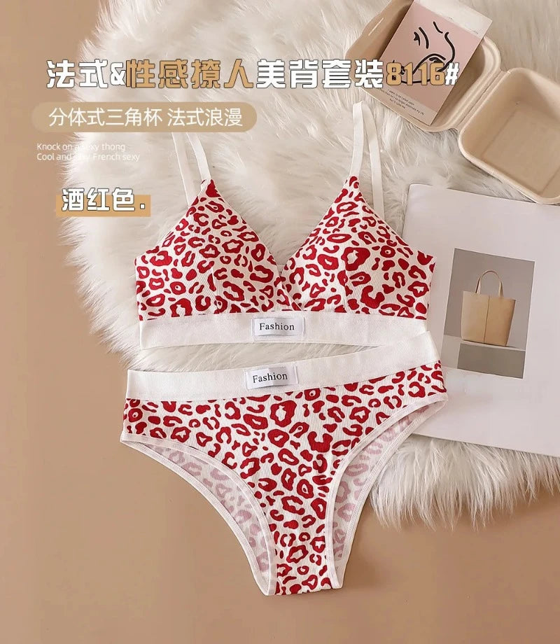 2024 Summer New Women's Leopard Print Traceless and Steel Rim Bra Adjustable Shoulder Strap Back Women's Underwear Set