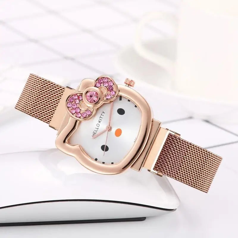 Hello Kitty Diamond  Watch Cat Bow Kawaii Pink Ladies Gold Sliver Metal Jewelry Cartoon Magnetic Watch Girlfriend Birthday