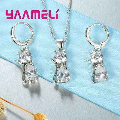 Real 925 Sterling Silver Color Jewelry Sets for Woman Girls Shining Austrian Crystal Cute Cat Pendant Necklace Huggie Earring