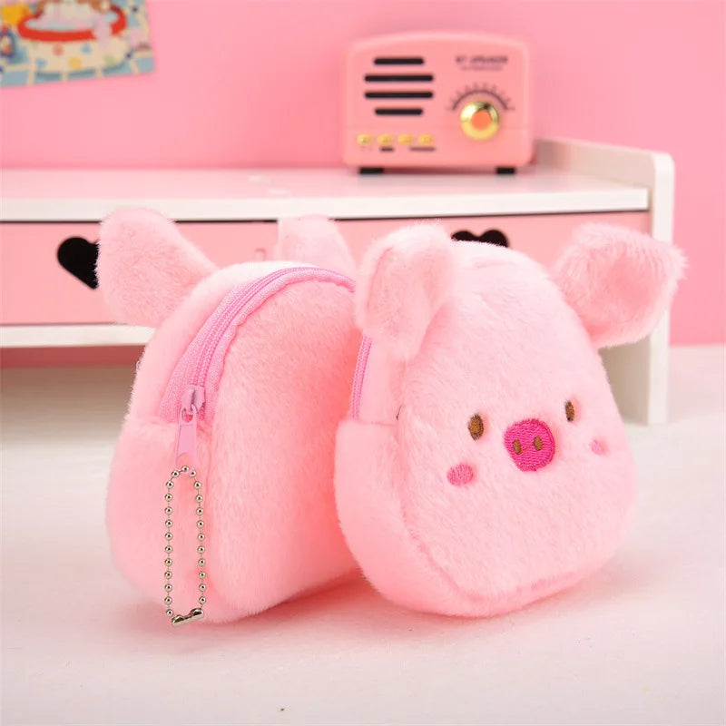 Kawaii cartoon Monkey Pig Chicken Penguin Animal party Embroidery storage bag Earphone bag Plush pendant coin purse toy portable