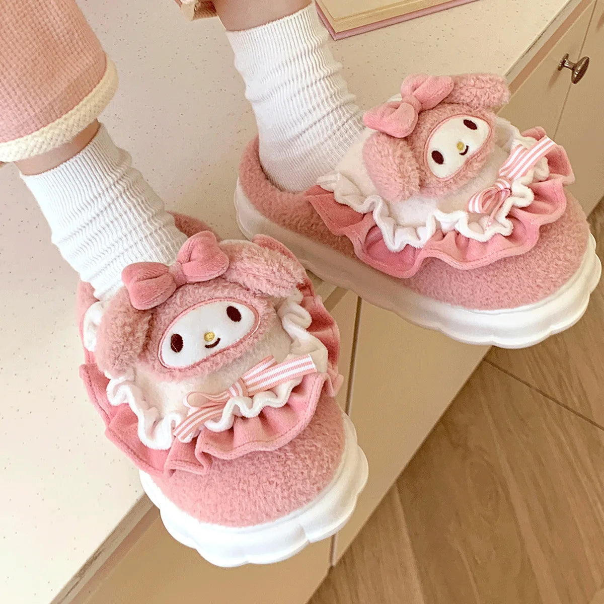 Sanrio Cinnamoroll Plush Slippers Kuromi Women Plushie Cartoon Plush Kawaii Flat Shoes Slippers Shoes Gift Girl Y2K 2024 NEW