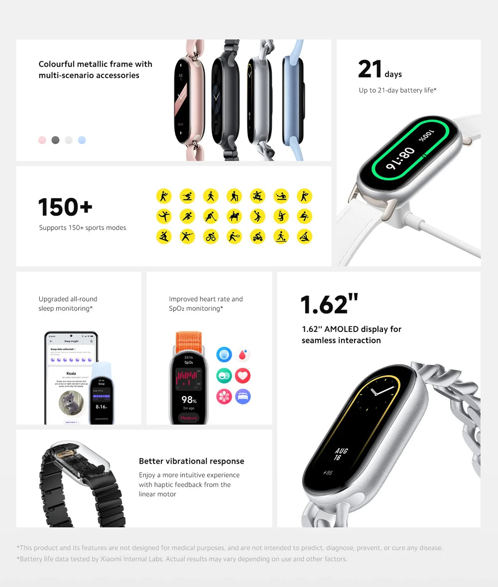 الإصدار العالمي من سوار Xiaomi Smart Band 9 مع أكثر من 150 وضعًا رياضيًا وشاشة AMOLED مقاس 1.62 بوصة وإطار معدني ملون ومراقبة الأكسجين في الدم طوال اليوم