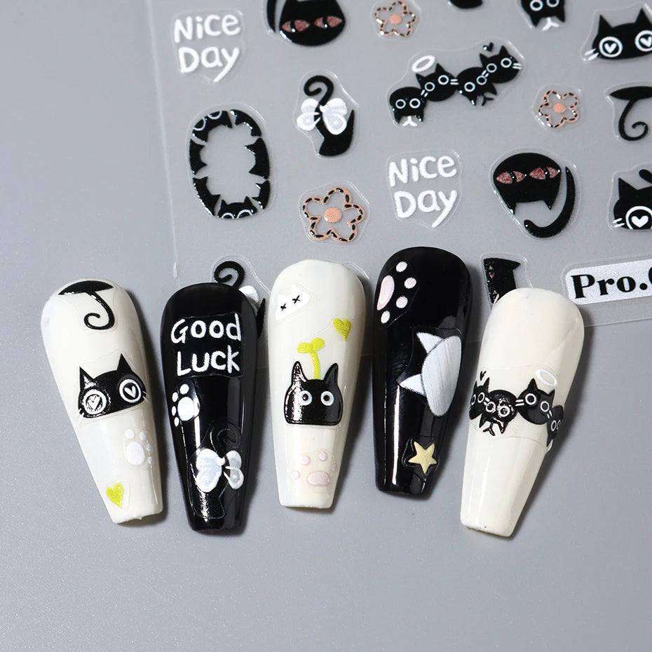 2pcs Black Cat Nail Stickers 3D Cute Cartoon Animal 3D Self-Adhesive Nail Art Decals Sliders Decorations Manicure Accessories