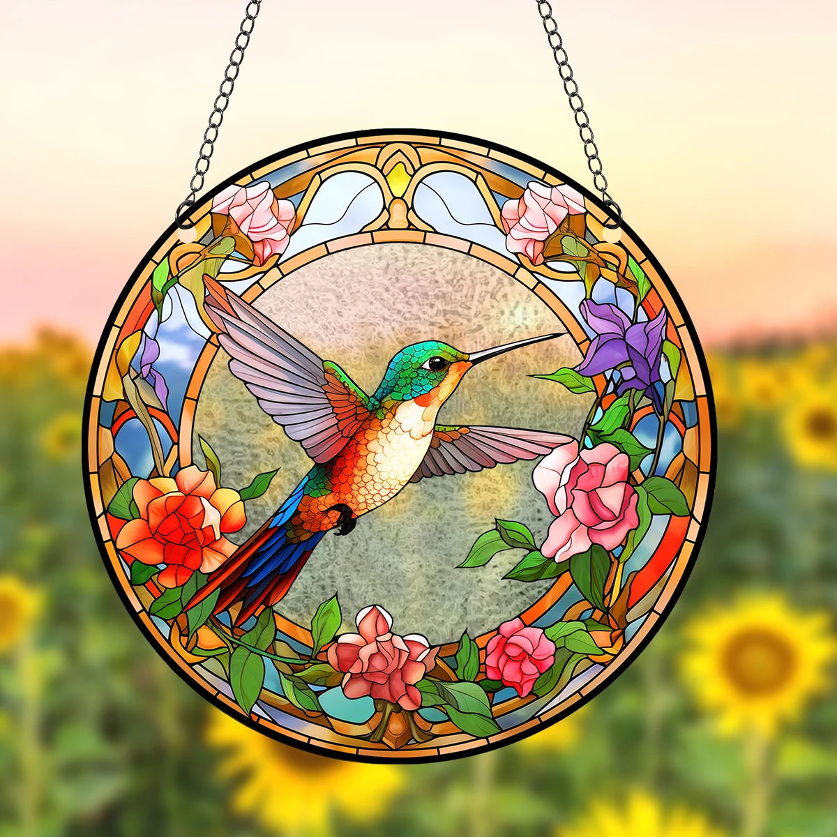 Acrylic Pattern Hummingbird Stained Window Hangings Colorful Flower Suncatchers for Windows, Birds Window Hangings with Chain