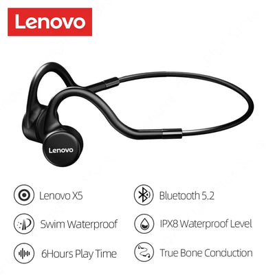 Lenovo X5 Bone Conduction Earphones Bluetooth V5.0 Wireless Headphones IPX8 Waterproof Sport Built in 8GB Memory Headset