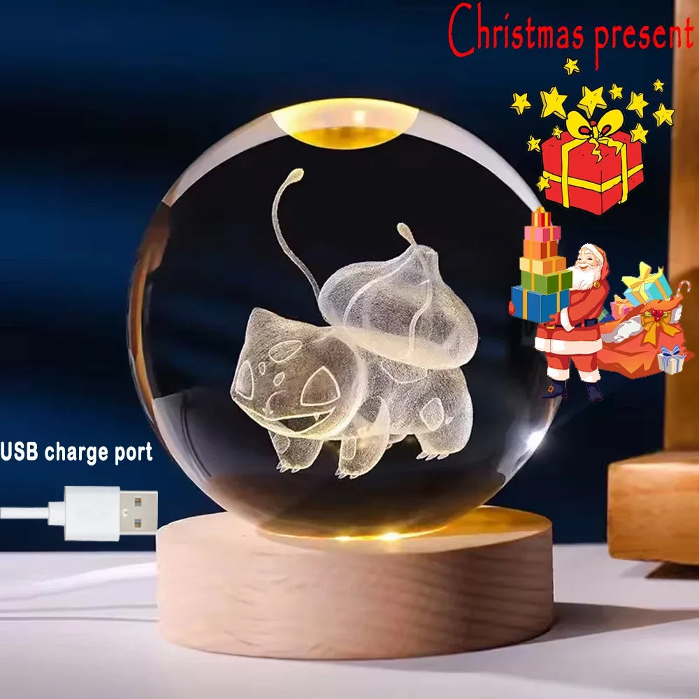 New 6cm 3D Crystal Ball Stitch Pokemon Wooden base with 6cm crystal ball Planet Night Light Laser Carving Christmas gifts