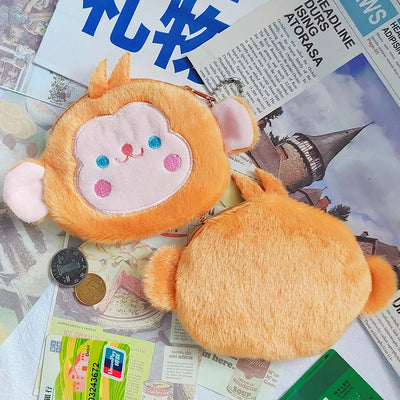 Kawaii cartoon Monkey Pig Chicken Penguin Animal party Embroidery storage bag Earphone bag Plush pendant coin purse toy portable