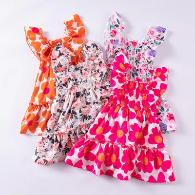 Summer Girl Dress Fashion Versatile Square Collar Girl Princess Dress New Print Sweet and Cute Dress Wholesale