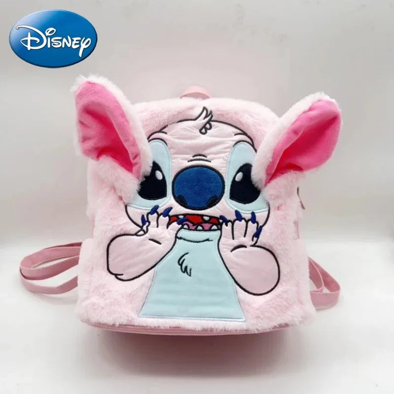 Disney 2024 New Cartoon Plush Doll Shoulder Bag Sweet and Cute Stitch Strawberry Bear Soft Cute Girls Handbag