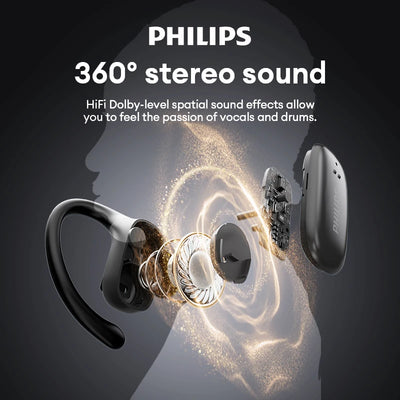 Original Philips TAT3708 Wireless Bluetooth Stereo Ear Hook Headset  Long Endurance Touch Headphones Waterproof Sport Earbuds