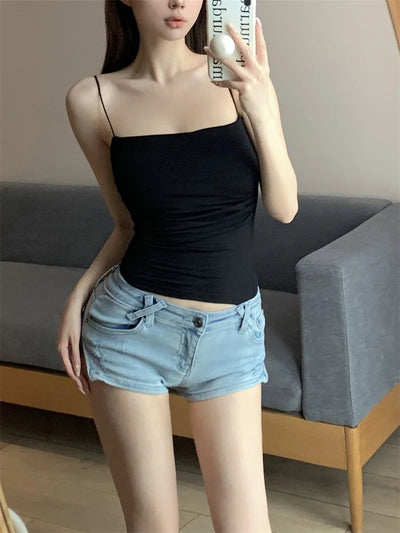 Women's Sleeveless Top Tank Underwear Fitted Camisole Sexy Short Top With Thin Straps Plain White Tank Top Korean Style