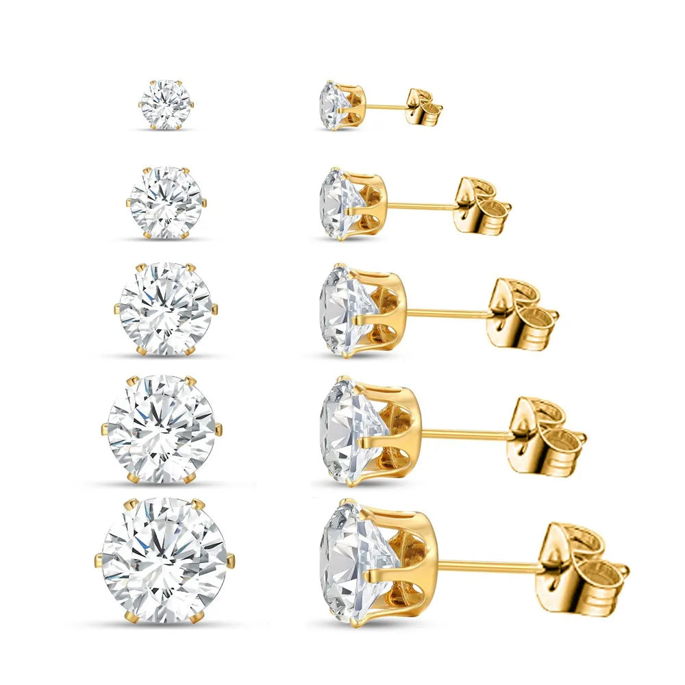 10PCs Shiny CZ Cubic Zirconia Paved Stud Earrings Set for Women Men Unisex Gold Color Alloy Simple Fashion Party Earring Jewelry