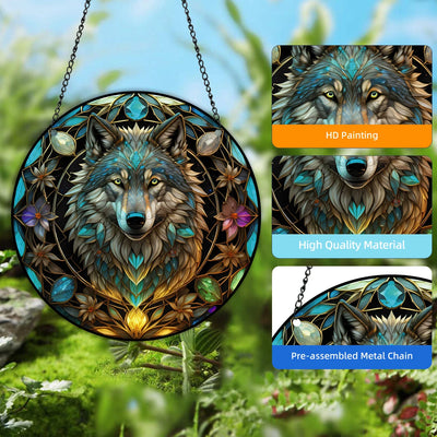 3D Wolf Stained Window Hanging, Wolf Art Pendant For Kitchen Livingroom Office, Halloween Fall Animal Lover Wreath Sign