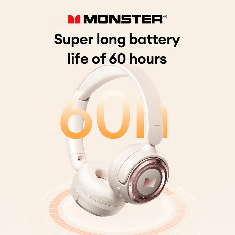 Monster MQH08 Wireless Bluetooth 5.4 Over-Ear Headphones 60H Long Battery Life Earbuds Noise Cancelling Gaming Headset With Mic