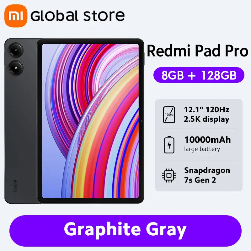 جهاز Xiaomi Redmi Pad Pro الجديد الإصدار العالمي بشاشة LCD مقاس 12.1 بوصة ومعدل تحديث 120 هرتز ومنصة Snapdragon® 7s Gen 2 المحمولة وبطارية 10000 مللي أمبير في الساعة وشحن سريع بقوة 33 وات