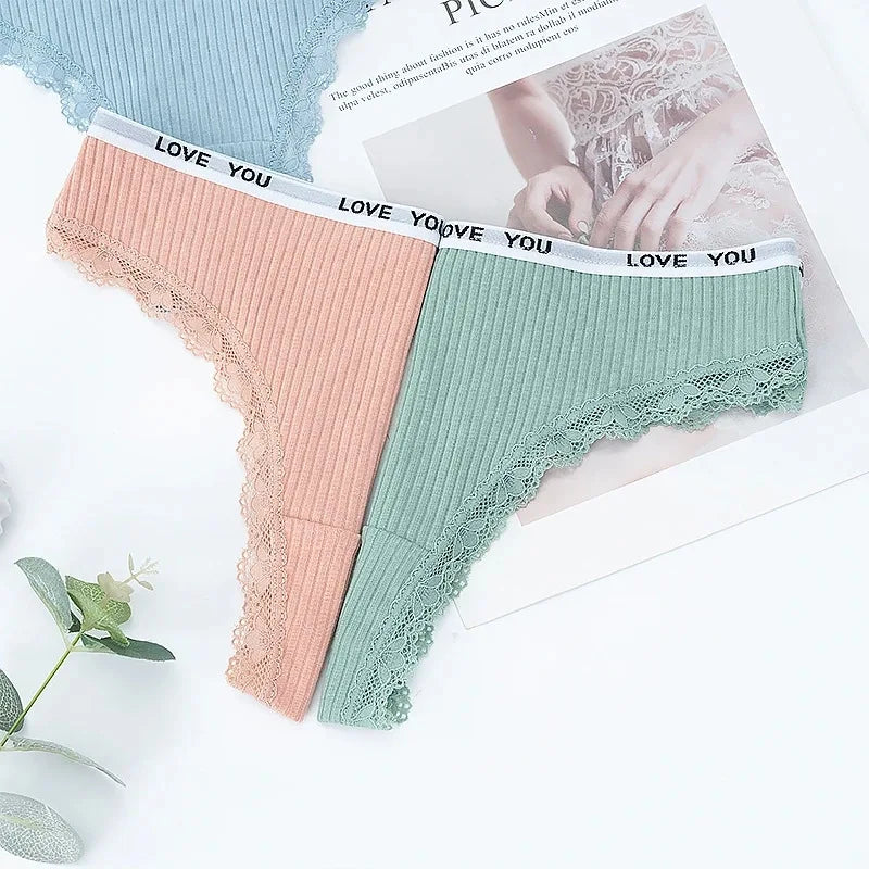 3Pcs/Lot Lace Thong Women's Tanga Low Waist Sexy Lingeries Cotton Panties Laides T Back Pants Girls Underwear Female Underpants