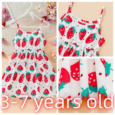 Children's Clothing Girl's Sling Strawberry Print Pattern Dress Sweet And Cute Summer Casual Dress for Girls Aged 3-7 Years