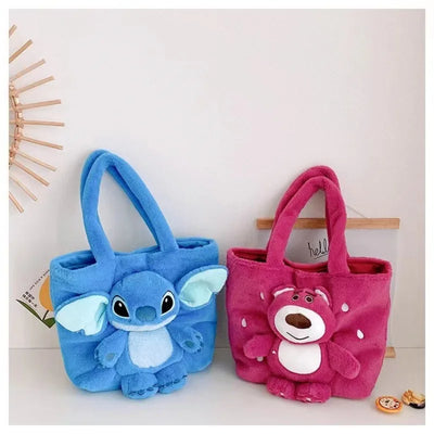 Disney 2024 New Cartoon Plush Doll Shoulder Bag Sweet and Cute Stitch Strawberry Bear Soft Cute Girls Handbag