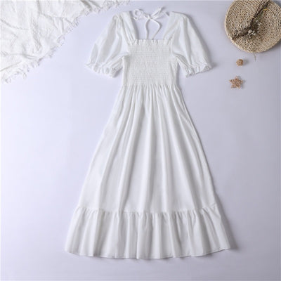 Summer Pleated Women Chiffon Dresses Casual Beach Holiday Short Sleeve Square Collar Woman Midi Dress Bohemian Mujer Vestidos