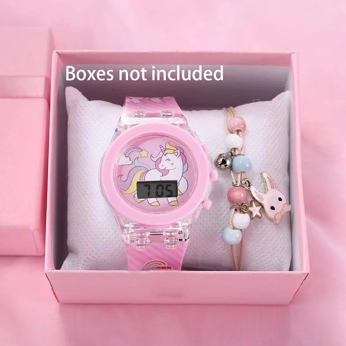 1pcs Jelly Candy Cartoon Unicorn Digital Pointer Quartz Light Girl Watch 1pcs White Rabbit Grass Jewelry Set