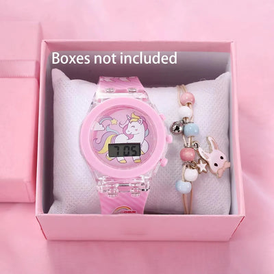 1pcs Jelly Candy Cartoon Unicorn Digital Pointer Quartz Light Girl Watch 1pcs White Rabbit Grass Jewelry Set