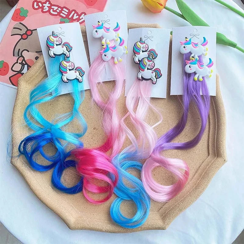 2PCS New Princess Unicorn Multicolour Wig Girls Hairpins Cute Children Headwear Hairgrip Hair Clips Barrettes Hair Accessories