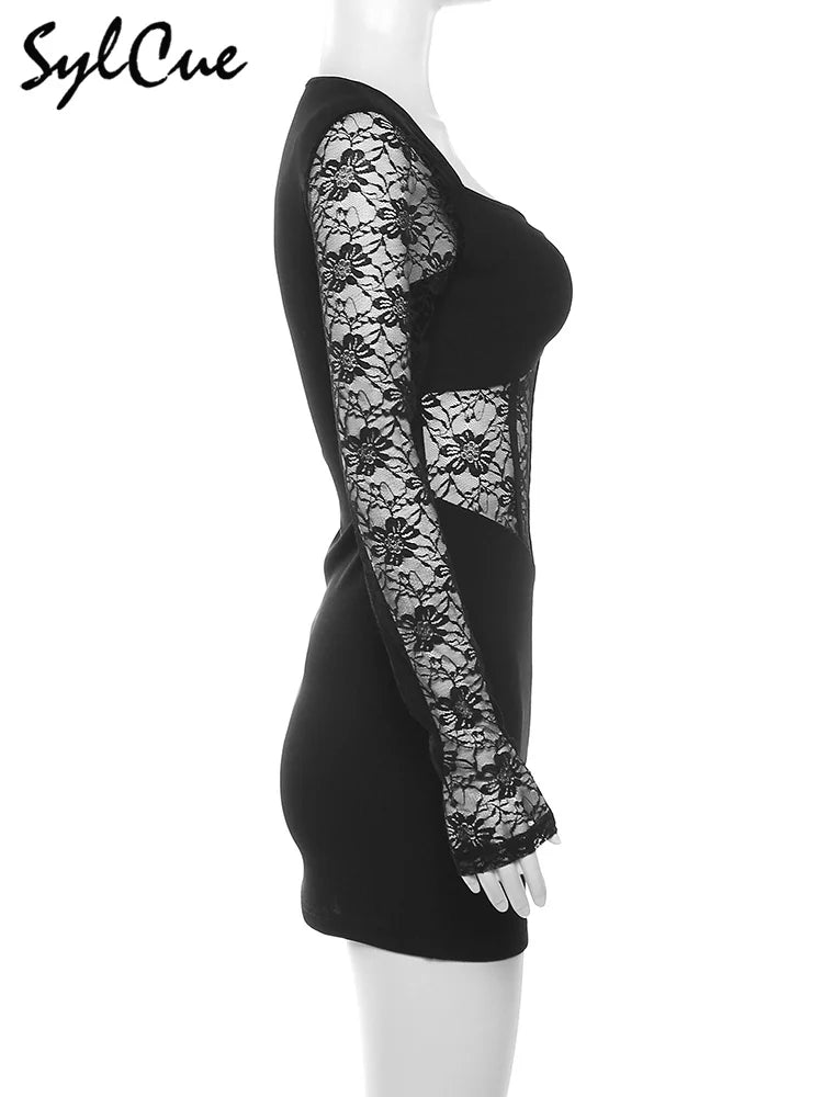 Nibber Black Mysterious Sexy Lace Stitching Mature Fishbone Beautiful Sweet Gentle Women'S Winter Long Sleeve Hip Short Dress